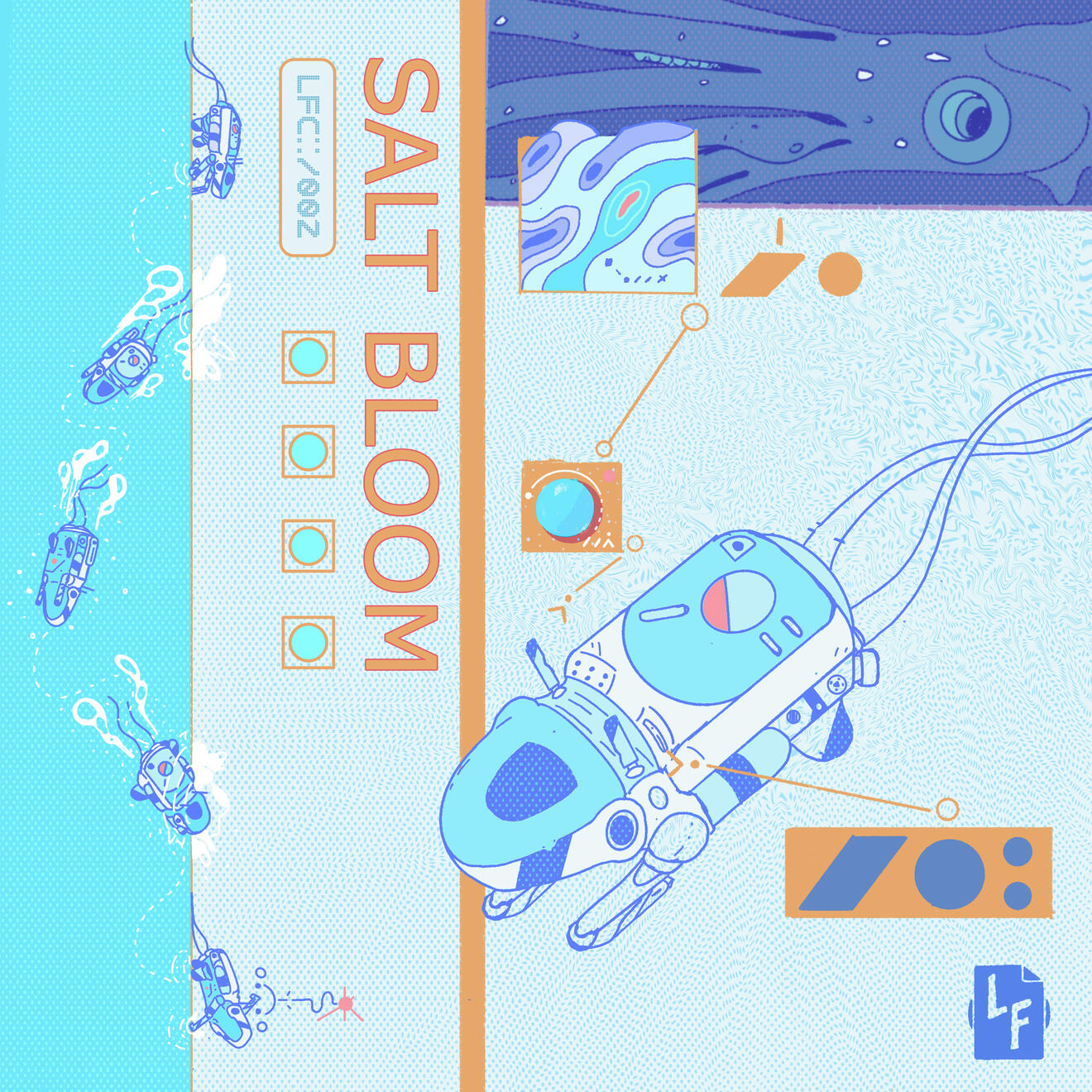 Cover art of aquatic probe, giant squid, and title of audiodrama Salt Bloom
