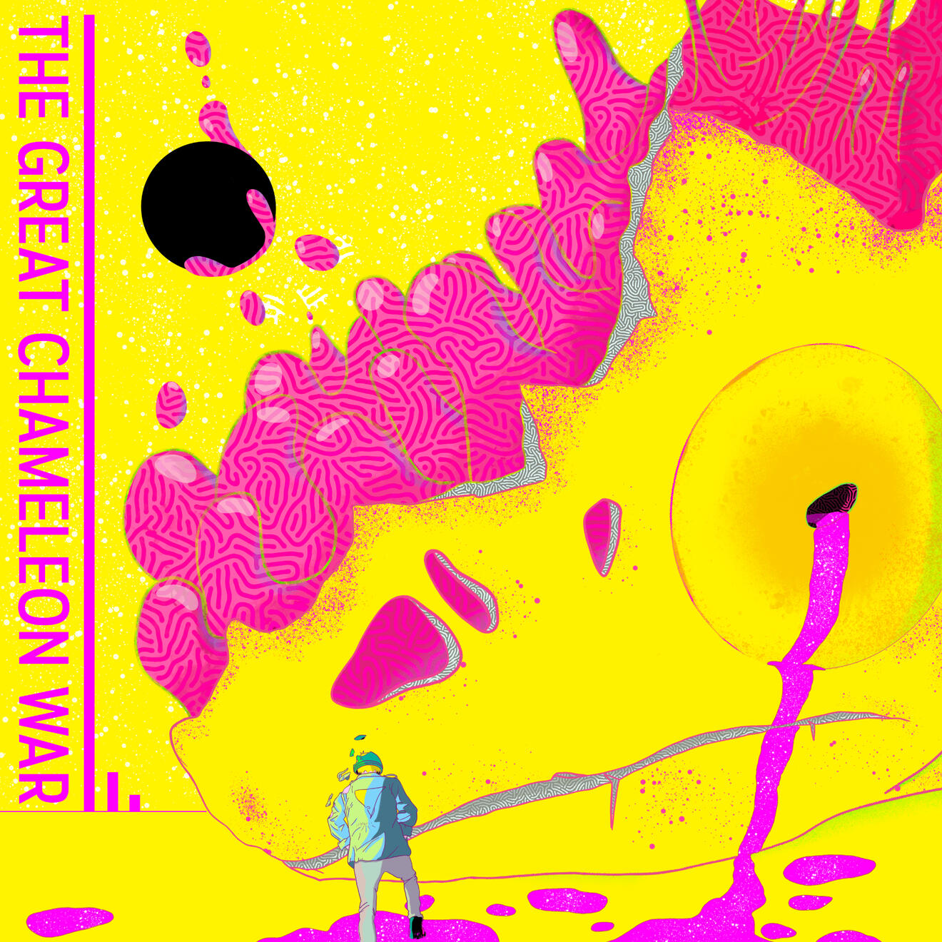 Giant Lizard head bleeding neon pink with soldier stepping into a pool of it